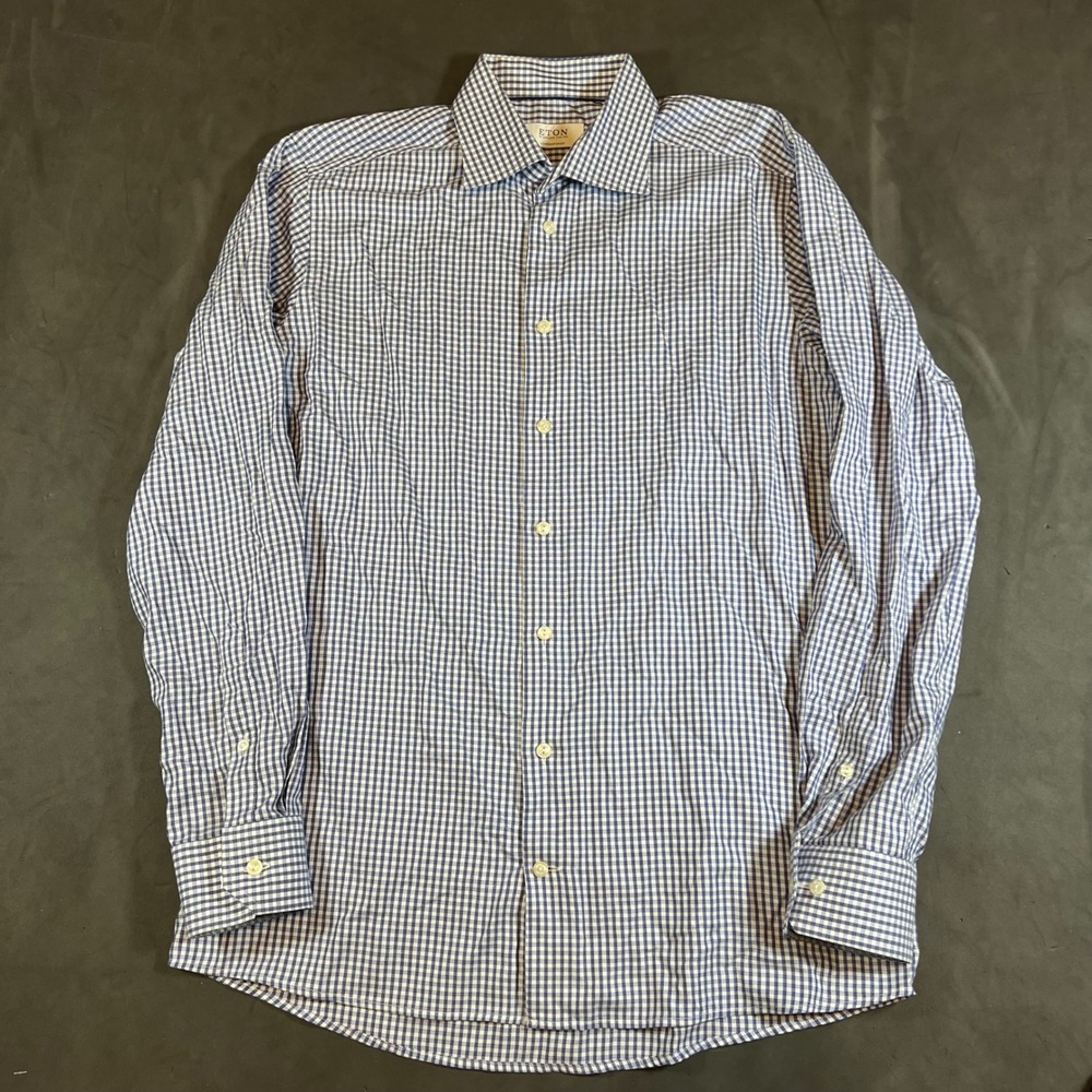 Eton Dress Shirt Mens 16/41 Blue Gingham Check Contemporary Fit Oxford - Picture 2 of 9